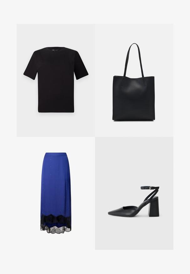 Juodas trumpas rankovės marškinėlis su apvaliu iškirpimu, pagamintas iš minkštos medvilnės medžiagos. Paprastas dizainas, be matomų logotipų ar raštų.; Mėlyna satino sijonas su išsibarstytomis auksinėmis dekoracijomis, juodos nėrinių apdaila su banguotu kraštu ir sklandi, laisvai krintanti forma.; Juoda odinė smailiagalė aukštakulnio bateliai su kulkšnies dirželiu ir storu kulnu. Lygus paviršius, elegantiškas dizainas ir minimalistiška estetinė. ; Juodas odinis tote krepšys su lygia tekstūra, stačiakampio formos ir dviem ilgais rankenomis. Matomų metalinių detalių ar puošybos nėra.