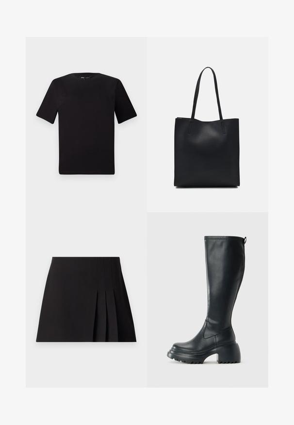Tricou scurt negru cu mânecă scurtă și guler rotund, realizat dintr-un material de bumbac moale. Design simplu, fără logo-uri sau modele vizibile.; Fustă mini pliseu neagră, realizată dintr-un material neted. Prezintă un brâu ajustat și detalii subtile de cusătură de-a lungul pliselor pentru textură.; Cizme lungi din piele neagră cu talpă platformă masivă și tocul pătrat, având un tab de tragere și un model texturat pe talpa exterioară.; Geantă tote neagră din piele, cu textură netedă, formă rectangulară și două mânere lungi. Fără hardware vizibil sau ornamente.
