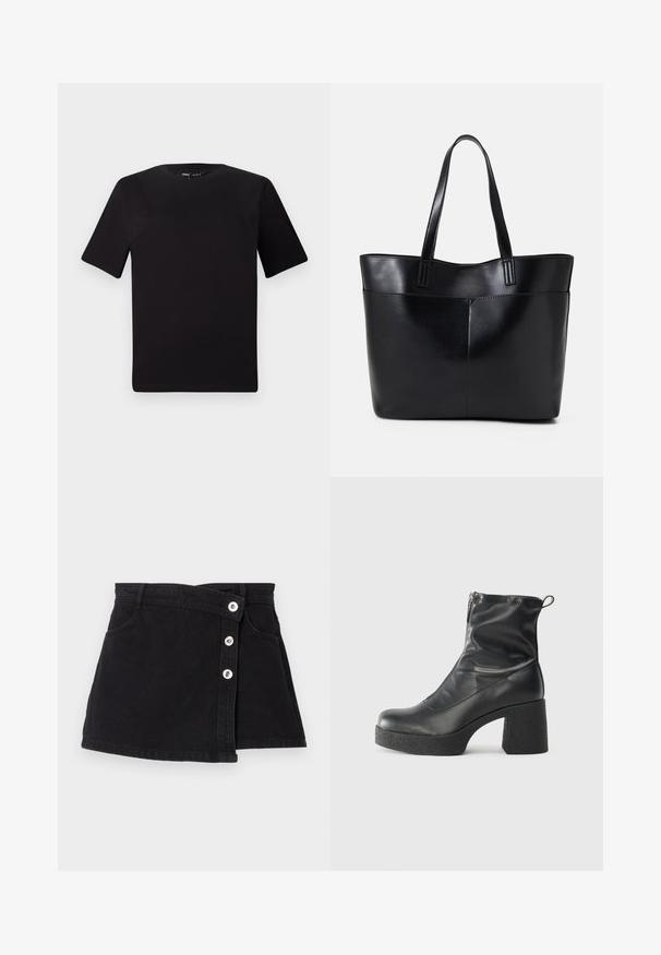 Svart t-skjorte med korte ermer og rund hals, laget av mykt bomullsstoff. Enkelt design, ingen synlige logoer eller mønstre.; Svart denimskjørt med høy midje, med en innpakningsdesign, fem sølvknapper på den ene siden, og to sidelommer. Glatt tekstur.; Svarte ankelstøvler laget av glatt lær, med glidelås på siden, chunky strukturert hæl, og rund tå-design.; Svart lær toteveske med to lange håndtak, en glatt tekstur og en strukturert form. Har en frontlomme for ekstra oppbevaring.