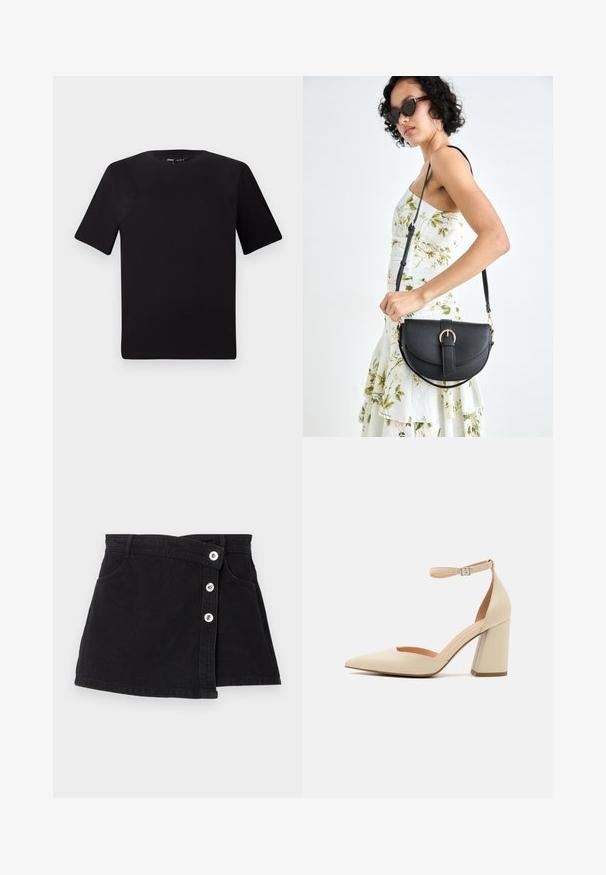Črna majica s kratkimi rokavi in okroglim izrezom, izdelana iz mehkega bombažnega materiala. Preprost dizajn, brez vidnih logotipov ali vzorcev.; Črna denim krila z visokim pasom, ki ima zavihek, pet srebrnih gumbov na eni strani in dve stranski žepki. Gladka tekstura.; Bež usnjeni visoki čevelj z zakovano prstom, trakovi okrog gležnja in debelim peto. Gladka tekstura z minimalnimi šivi.; Črna usnjena torbica s ukrivljeno obliko, z odstranljivo naramnico in zlatimi dodatki. Torbica ima pokrov s podrobnostmi v obliki zaponke.