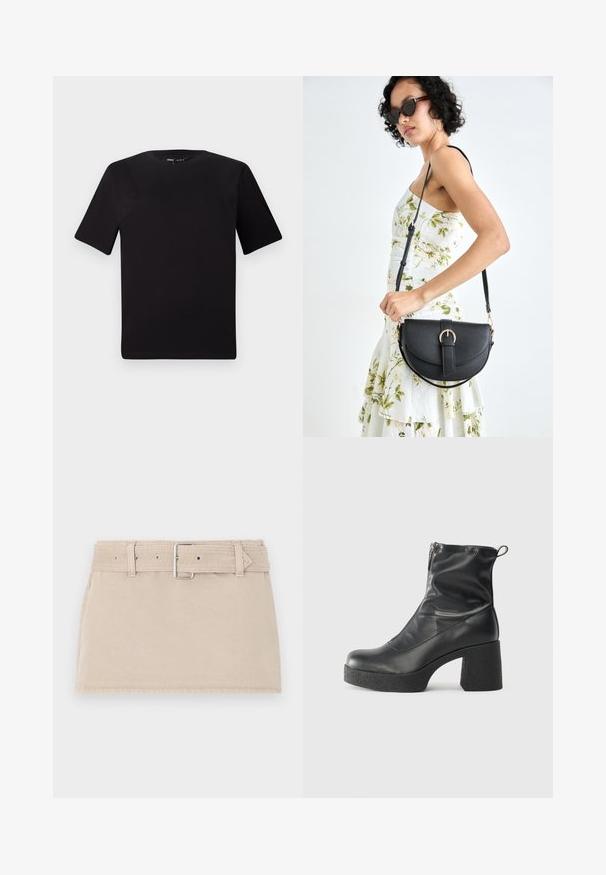Schwarzes T-Shirt mit kurzen Ärmeln und Rundhalsausschnitt, aus weichem Baumwollmaterial gefertigt. Schlichtes Design, keine sichtbaren Logos oder Muster.; Abercrombie & Fitch BELTED MINI - Jeansrock - beige; Schwarze Stiefeletten aus glattem Leder mit seitlichem Reißverschluss, klobigem strukturiertem Absatz und runder Zehenform.; Schwarze Lederhandtasche mit geschwungener Form, abnehmbarem Tragegurt und goldenen Beschlägen. Die Tasche verfügt über einen Deckel mit einer Schnallen-Details.