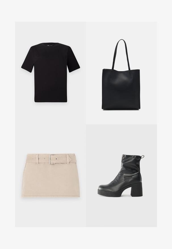 Camiseta negra de manga corta con cuello redondo, fabricada en suave algodón. Diseño simple, sin logos ni patrones visibles.; Abercrombie & Fitch BELTED MINI - Falda vaquera - beige; Botines negros de tobillo, hechos de cuero suave, con cierre lateral, tacón grueso texturizado y diseño de punta redondeada.; Bolso tote de cuero negro con textura lisa, forma rectangular y dos asas largas. Sin herrajes ni adornos visibles.