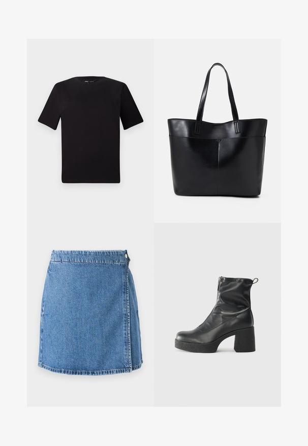 T-shirt preta de mangas curtas com decote redondo, feita de tecido de algodão suave. Design simples, sem logótipos ou padrões visíveis.; Saia mini em denim com lavagem azul, apresenta um bolso frontal, dois botões metálicos e costura visível ao longo da bainha e das bordas.; Botas de tornozelo pretas feitas de couro liso, com fecho lateral, salto grosso texturizado e design de bico arredondado.; Bolsa tote preta em couro com duas alças longas, textura suave e forma estruturada. Apresenta um bolso frontal para armazenamento adicional.
