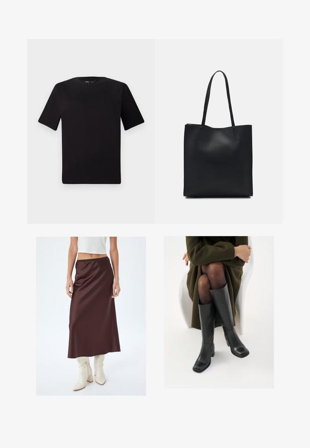 Zwarte T-shirt met korte mouwen en een ronde hals, gemaakt van zachte katoenstof. Eenvoudig ontwerp, geen zichtbare logo's of patronen.; Bordeaux satijnen maxi rok met een gladde textuur, voorzien van een strakke tailleband. Gecombineerd met witte knielange laarzen voor een contrasterende uitstraling.; Knieschijf hoge zwarte leren laarzen met een vierkante neus en blokhak, getoond met een model dat zit in een olijfgroene jas. Gladde textuur, minimale details.; Zwarte leren handtas met een gladde textuur, rechthoekige vorm en twee lange handvaten. Geen zichtbare hardware of versieringen.