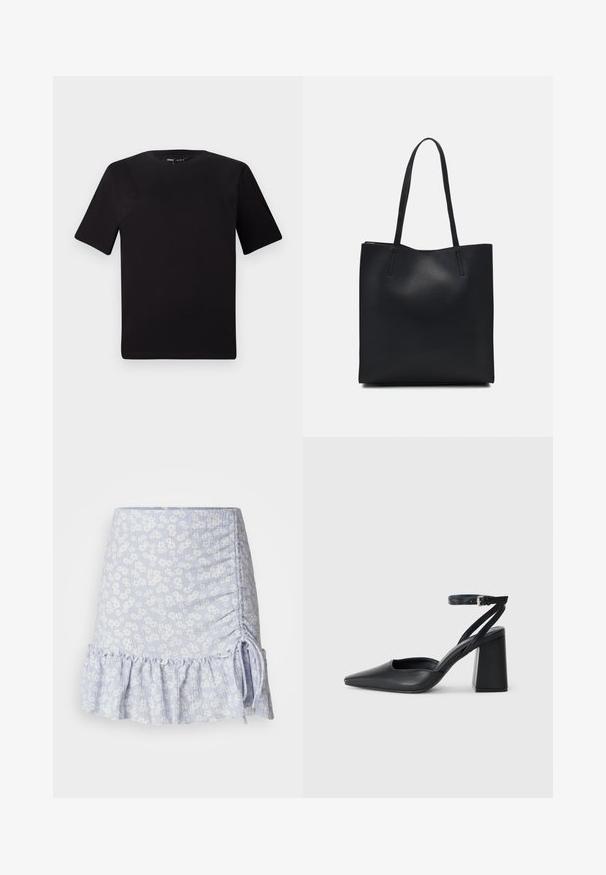 Μαύρο κοντομάνικο μπλουζάκι με στρογγυλή λαιμόκοψη, κατασκευασμένο από απαλό βαμβακερό ύφασμα. Απλός σχεδιασμός, χωρίς ορατά λογότυπα ή μοτίβα.; Ανοιχτό μπλε μίνι φούστα με λουλουδάτο μοτίβο, με συγκεντρωμένη λεπτομέρεια στο πλάι και ριγωτό στρίφωμα. Υφασμάτινη με υφή και λεπτομέρειες με κορδόνι.; Μαύρο δερμάτινο ψηλοτάκουνο παπούτσι με οξύ μυτερό τόξο, λουράκι στον αστράγαλο και χοντρό τακούνι. Λείος υφασματισμός, κομψός σχεδιασμός και μινιμαλιστική αισθητική.; Μαύρη δερμάτινη τσάντα tote με λείο υφή, ορθογώνιο σχήμα και δύο μακριές λαβές. Χωρίς ορατό υλικό ή διακοσμητικά στοιχεία.