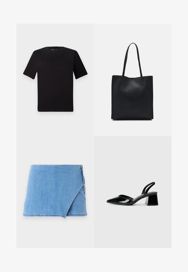 Crna majica kratkih rukava s okruglim izrezom, izrađena od mekane pamučne tkanine. Jednostavan dizajn, bez vidljivih logotipa ili uzoraka.; Denim mini suknja u svijetloplavoj boji, s dizajnom zamotavanja, razderanim rubom i glatkom teksturom. Nema dodatnih ukrasa ili uzoraka.; Crne lakirane kožne sandale s otvorenom petom i špicastim vrhom, s geometrijskom blok petom. Imaju elegantan, minimalistički dizajn i glatku teksturu.; Crna kožna torba za nošenje s glatkom teksturom, pravokutnim oblikom i dvije duge ručke. Nema vidljivih metalnih dijelova ili ukrasa.