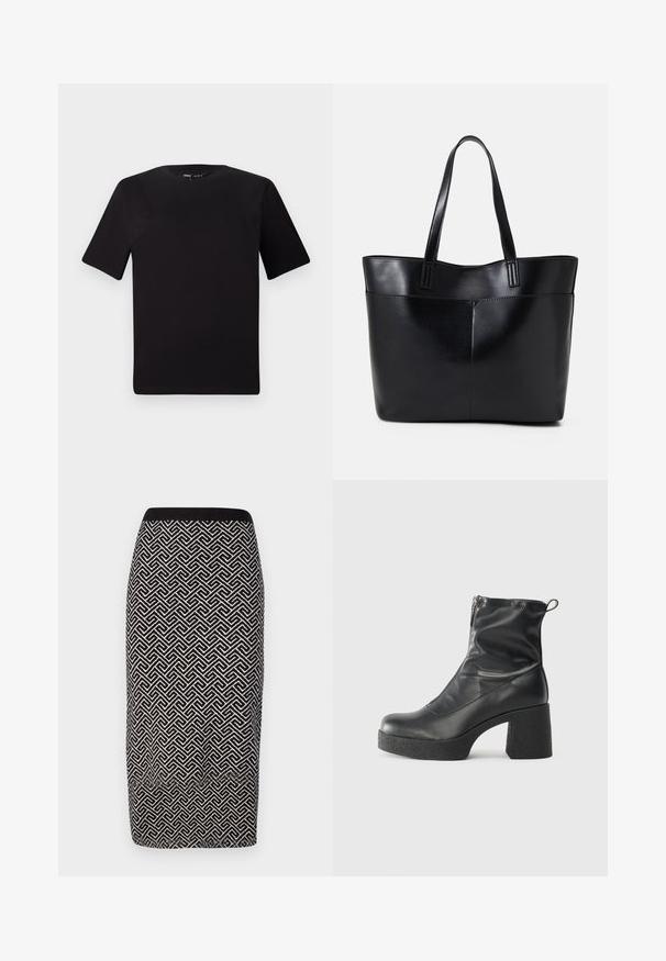 Melnas īsām piedurknēm T-krekls ar apaļu kakla izgriezumu, izgatavots no mīksta kokvilnas auduma. Vienkāršs dizains, bez redzamām logo vai rakstiem.; Melnbalts svītrots zīmuļsvārki ar teksturētu audumu, ar ribotu jostu un ģeometrisku rakstu visā virsmā.; Melni potītes zābaki, kas izgatavoti no gludas ādas, ar sānu rāvējslēdzēju, masīvu strukturētu papēdi un noapaļotu purngalu.; Melnas ādas iepirkumu soma ar divām garām rokturām, gludu tekstūru un strukturētu formu. Iekļauj priekšējo kabatu papildu uzglabāšanai.