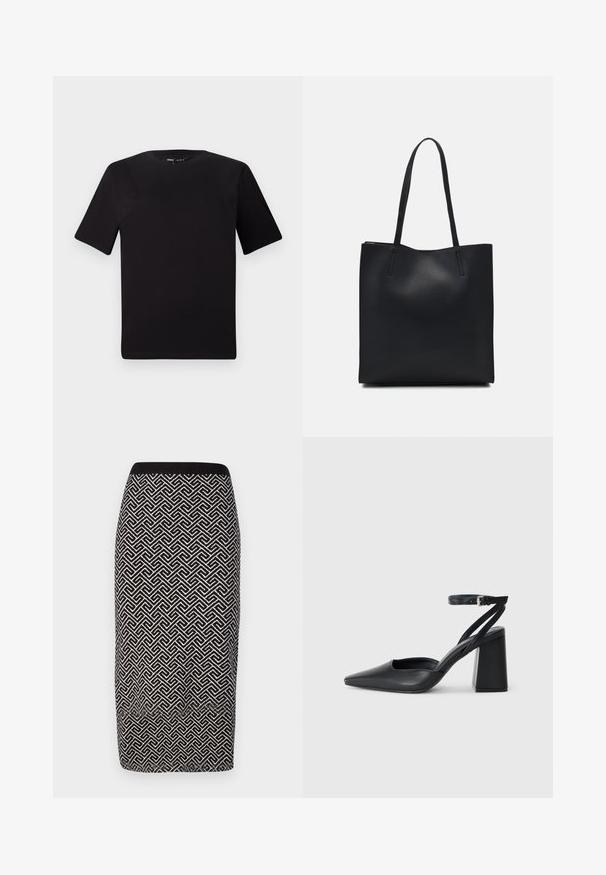 Crna majica kratkih rukava s okruglim izrezom, izrađena od mekane pamučne tkanine. Jednostavan dizajn, bez vidljivih logotipa ili uzoraka.; Suknja od olovke s crnom i bijelom šarenom uzorkom, izrađena od teksturiranog materijala, s rebrastim pojasom i geometrijskim dizajnom kroz cijelu suknju.; Crne kožne cipele s špicastim vrhom, remenom oko gležnja i debelim potplatom. Ravna tekstura, elegantan dizajn i minimalistička estetika.; Crna kožna torba za nošenje s glatkom teksturom, pravokutnim oblikom i dvije duge ručke. Nema vidljivih metalnih dijelova ili ukrasa.