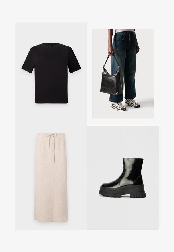 Czarna koszulka z krótkim rękawem o okrągłym dekolcie, wykonana z miękkiej bawełny. Prosty design, bez widocznych logo ani wzorów.; Jasno beżowa maxi spódnica wykonana z teksturowanej, wzorzystej tkaniny. Posiada elastyczny pas w talii z regulowanym sznurkiem do dopasowania.; Czarne błyszczące botki sięgające kostki z grubą podeszwą i zaokrąglonym czubkiem, widok z boku na jednolity jasnoszary tle.; Czarna skórzana torba na ramię o gładkiej fakturze i regulowanym pasku, w zestawieniu z wyblakłymi dżinsami typu wide-leg i sportowymi butami.