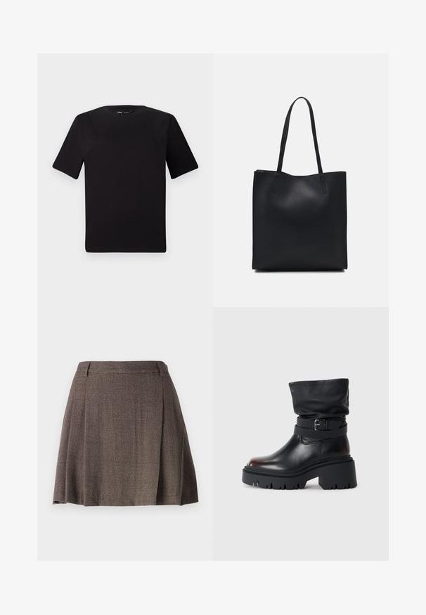 Black short-sleeve t-shirt with a round neckline, crafted from soft cotton fabric. Simple design, no visible logos or patterns.; Brown pleated skirt with a textured weave, features a fitted waistband and flared hem, suitable for smart-casual wear.; Black leather ankle boot with a slouchy upper, buckle detail, and thick, rugged sole. Features a round toe and smooth texture.; Black leather tote bag with smooth texture, rectangular shape, and two long handles. No visible hardware or embellishments.