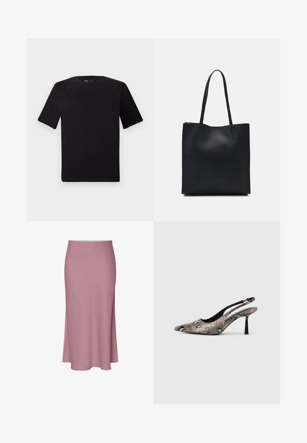 Must olema lühikeste varrukatega must t-särk ümmarguse kaelusega, valmistatud pehmest puuvillast kangast. Lihtne disain, ilma nähtavate logode või mustriteta.; Roosa, põlvekattega seelik, millel on sleek disain, külgseene ja sile tekstuur. Valmistatud pehmest, kergest kangast.; Kitsas varvusega slingback kingad, mis on valmistatud tekstuuriga maosarnase materjali toel, omavad saledat musta kõrget kontsa ja lõikega disaini külgedel.; Mustast nahast kott sujuva tekstuuriga, ristkülikukujuline ja kahe pika sangaga. Pole nähtavat riistvara ega kaunistusi.