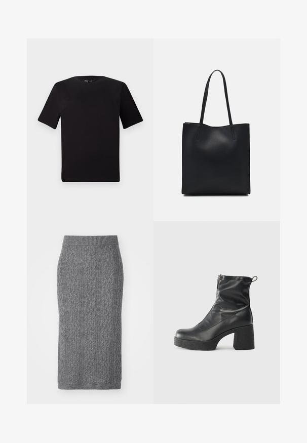 Črna majica s kratkimi rokavi in okroglim izrezom, izdelana iz mehkega bombažnega materiala. Preprost dizajn, brez vidnih logotipov ali vzorcev.; Siva pletena svinčasta krila s kabelskim pletenjem, elastičnim pasom in prilegajočo silhueto, izdelana iz mehkega materiala.; Črne gležnjarje iz gladke kože z božnim zadrgo, masivnim teksturiranim peto in zaobljeno obliko prstov.; Črna usnjena torba s svilnato teksturo, pravokotne oblike in dvema dolgima ročajema. Brez vidnih metalnih delov ali okrasnih elementov.