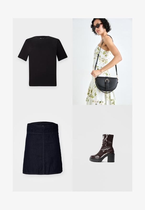 Crna majica kratkih rukava s okruglim izrezom, izrađena od mekane pamučne tkanine. Jednostavan dizajn, bez vidljivih logotipa ili uzoraka.; Traper suknja u tamnoplavoj boji s elastičnim pojasom, ravnog kroja i kontrastnim šavovima duž rubova i šavova.; Sjajna burgundska čizma do gležnja s debelim crnim potplatom, koja se odlikuje glatkom teksturom i jednostavnim dizajnom. Nema vidljivih kopčanja ili uzoraka.; Crna kožna torba s lukovitim oblikom, odvojivim remenom i zlatnim detaljima. Torba ima preklop s kopčom.