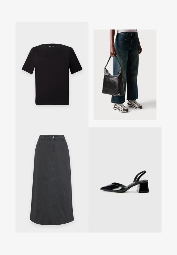 Svart kortärmad t-shirt med rund halsringning, tillverkad i mjukt bomullstyg. Enkelt mönster, utan synliga logotyper eller mönster.; Svart denimkjol med rak skärning, med en frampaneldetalj, två fickor, bälteslängder och en knappstängning i midjan.; Svarta lackläder slingback klackar med spetsig tå och geometrisk klack. Har en elegant, minimalistisk design och slät yta.; Svart läderaxelväska med en slät yta och justerbar rem, i kombination med urtvättade vida jeans och sportiga sneakers.