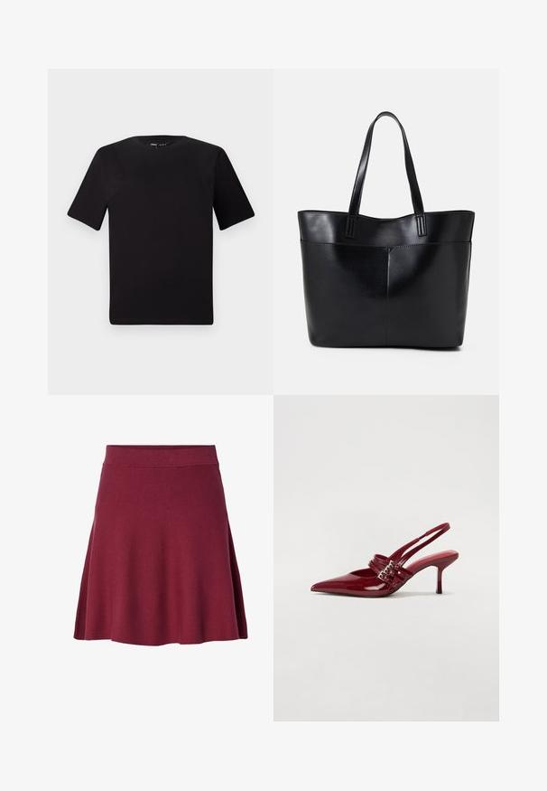 Juodas trumpas rankovės marškinėlis su apvaliu iškirpimu, pagamintas iš minkštos medvilnės medžiagos. Paprastas dizainas, be matomų logotipų ar raštų.; Bordo spalvos iki kelių sijonas, pagamintas iš minkštos, elastinės medžiagos; platėjantis dizainas su lygiu juosmeniu ir be matomų užsegimų ar raštų.; Raudoni blizgūs odiniai bateliai su atviru kulnu, smailiu nosiu, dviem užsegimais ir plonu, vidutinio aukščio stiletto kulnu. Lygus paviršius.; Juoda odinė rankinė su dviem ilgais diržais, lygiu paviršiumi ir struktūrizuota forma. Yra priekinė kišenė papildomam saugojimui.