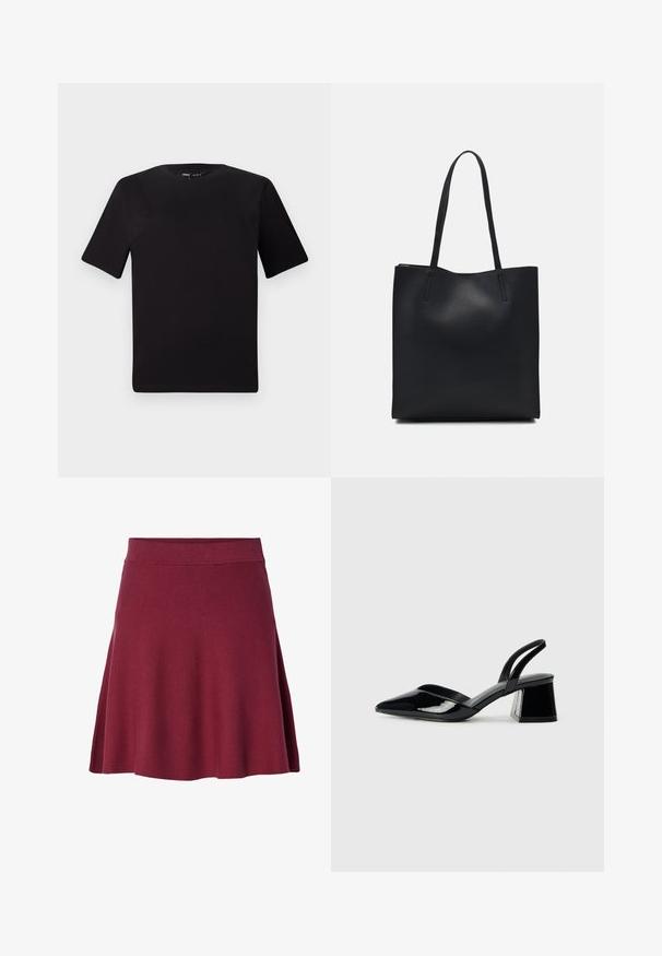 Černé tričko s krátkým rukávem a kulatým výstřihem, vyrobené z měkké bavlněné látky. Jednoduchý design, žádné viditelné logo nebo vzory.; Bordó sukni ke kolen vyrobená z měkké a elastické tkaniny; rozšířený střih s hladkým pasem a bez viditelných zapínání či vzorů.; Černé lakované kožené lodičky na pásku s špičatou špičkou a geometrickým blokovým podpatkem. Vyznačují se elegantním, minimalistickým designem a hladkým povrchem.; Černá kožená taška přes rameno s hladkým povrchem, obdélníkovým tvarem a dvěma dlouhými uchy. Žádné viditelné kování ani ozdoby.