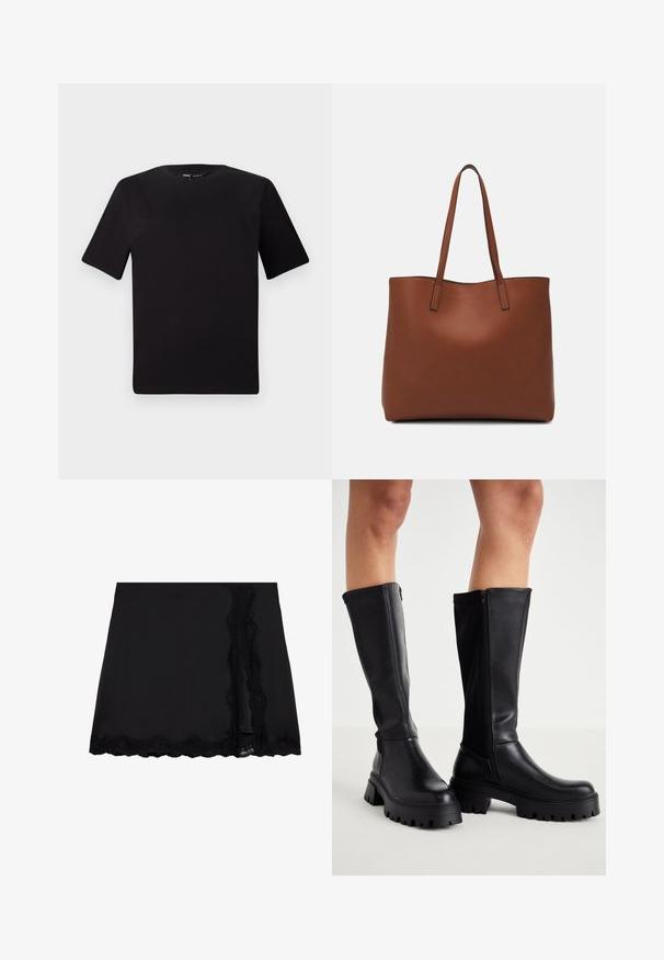 Musta lyhythihainen t-paita pyöreällä kaula-aukolla, valmistettu pehmeästä puuvillakankaasta. Yksinkertainen malli, ei näkyviä logoja tai kuvioita.; Even&Odd Minihame - black; Korkeat mustat saappaat, jotka on valmistettu sileästä keinonahasta, paksulla pohjalla, sivuvetoketjulla ja pyöreällä varvasmuotoilulla.; Ruskea nahkainen olkalaukku, jossa on sileä pinta, avoin yläosa ja kaksi olkahihnaa. Omaavat vain minimaalisen ompelun eikä näkyvää metalliosaa.