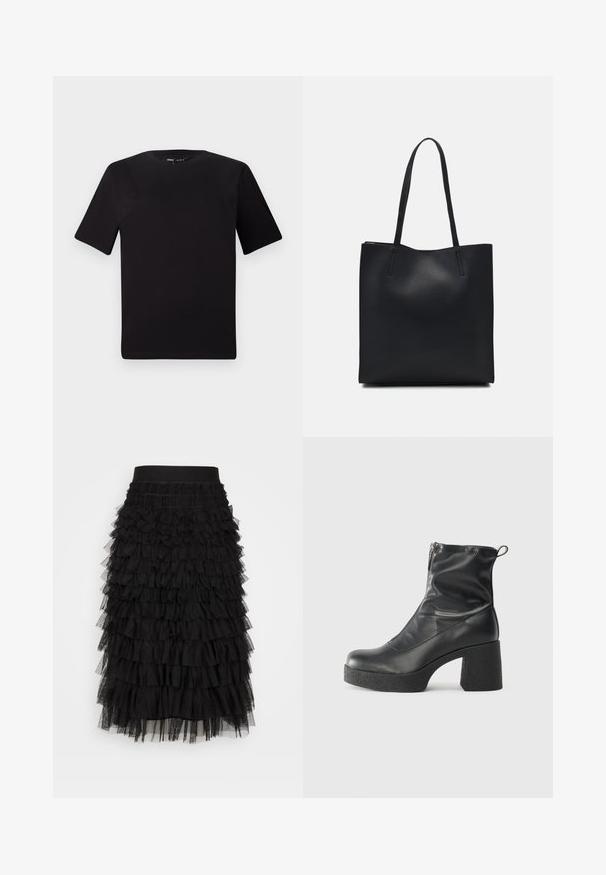 Black short-sleeve t-shirt with a round neckline, crafted from soft cotton fabric. Simple design, no visible logos or patterns.; Black tiered skirt featuring a stretchy waistband, multiple layers of gathered ruffles, and a soft tulle texture, creating volume and movement.; Black ankle boots made of smooth leather, featuring a side zipper, chunky textured heel, and rounded toe design.; Black leather tote bag with smooth texture, rectangular shape, and two long handles. No visible hardware or embellishments.