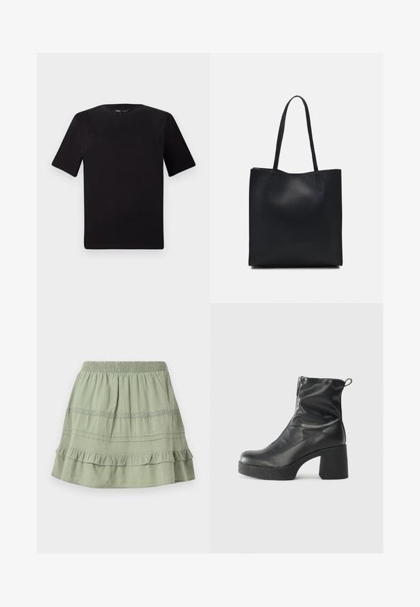 Čierne tričko s krátkym rukávom a okrúhlym výstrihom, vyrobené z mäkkej bavlny. Jednoduchý dizajn, bez viditeľných log alebo vzorov.; Zelená bavlnená sukňa so smockovaným pásom, s vrstvenými volánmi a čipkovým dekorom v strednej časti.; Čierne členkové topánky z hladkej kože, so bočným zipsom, robustnou textúrovanou pätnou časťou a zaobleným dizajnom špičky.; Čierna kožená taška na rameno s hladkým povrchom, obdĺžnikovým tvarom a dvoma dlhými uchami. Bez viditeľného kovania alebo ozdôb.