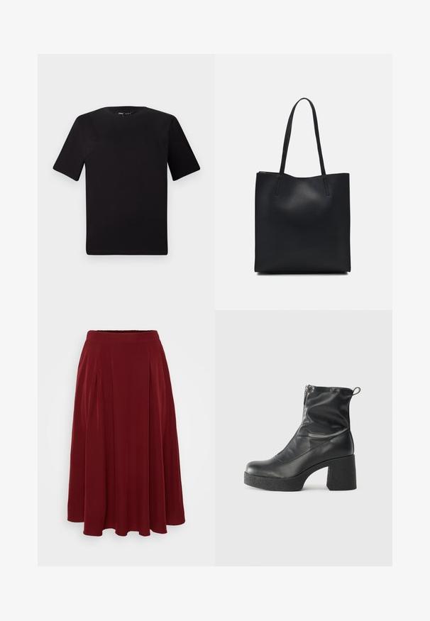 Tricou scurt negru cu mânecă scurtă și guler rotund, realizat dintr-un material de bumbac moale. Design simplu, fără logo-uri sau modele vizibile.; Fustă midi pliată în nuanță de roșu închis, cu o textură netedă, talie elastică și o formă fluidă, având drapaje subtile pentru un plus de detaliu.; Bocanci negri de glezna din piele netedă, cu fermoar lateral, toc texturat și masiv, și design cu vârf rotund.; Geantă tote neagră din piele, cu textură netedă, formă rectangulară și două mânere lungi. Fără hardware vizibil sau ornamente.