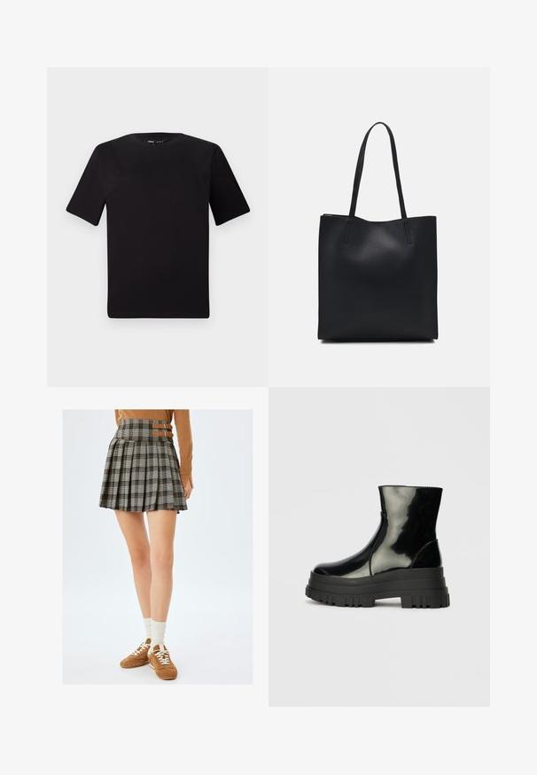 T-shirt noir à manches courtes avec un col rond, fabriqué en coton doux. Design simple, sans logos ni motifs visibles.; Jupe à carreaux gris avec des plis et des brides marron à la taille. Associée à des baskets marron et des chaussettes crème.; Bottines noires brillantes avec semelle lugg épaisse et bout rond, vue de côté sur un fond gris clair uni.; Sac fourre-tout en cuir noir avec une texture lisse, de forme rectangulaire et deux longues poignées. Pas de matériel ou d'ornementations visibles.