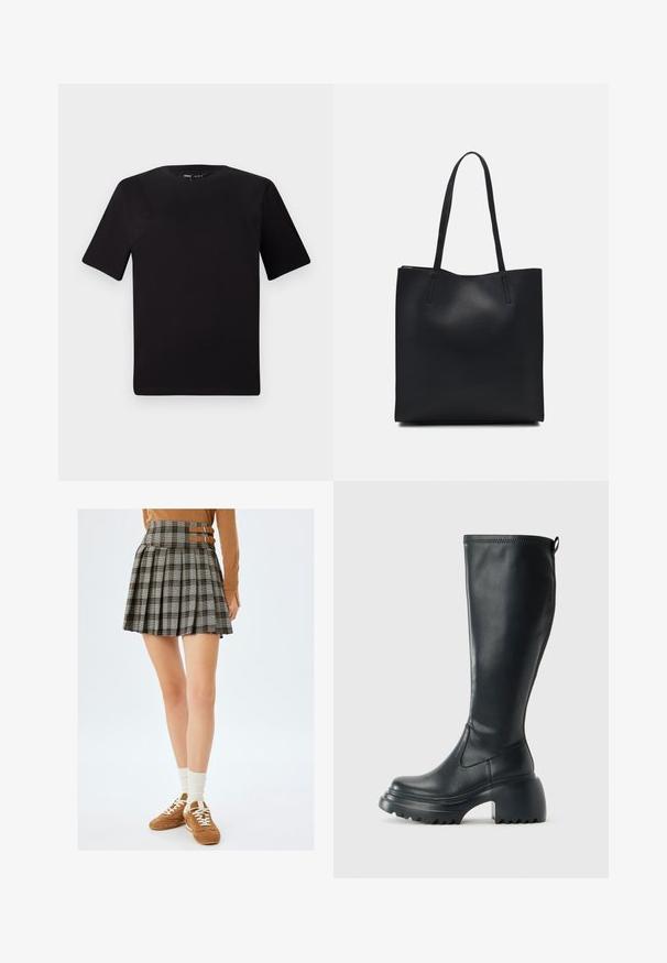 Schwarzes T-Shirt mit kurzen Ärmeln und Rundhalsausschnitt, aus weichem Baumwollmaterial gefertigt. Schlichtes Design, keine sichtbaren Logos oder Muster.; Grau karierter Rock mit Falten und braunen Akzentriemen an der Taille. Kombiniert mit braunen Sneakers und cremefarbenen Socken.; Hoher schwarzer Lederstiefel mit einer robusten Plateausohle und Blockabsatz, der über eine Zuglasche und ein strukturiertes Profil an der Außensohle verfügt.; Schwarze Laptoptasche aus Leder mit glatter Textur, rechteckiger Form und zwei langen Griffen. Keine sichtbaren Beschläge oder Verzierungen.