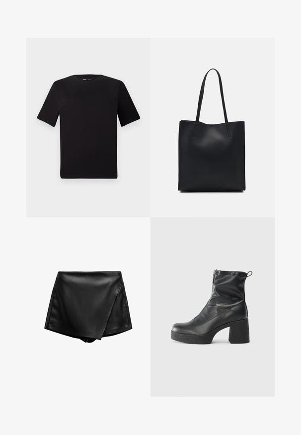 Black short-sleeve t-shirt with a round neckline, crafted from soft cotton fabric. Simple design, no visible logos or patterns.; Black faux leather high-waisted shorts with a wrapped design and smooth texture. Features clean lines and no visible fastenings.; Black ankle boots made of smooth leather, featuring a side zipper, chunky textured heel, and rounded toe design.; Black leather tote bag with smooth texture, rectangular shape, and two long handles. No visible hardware or embellishments.