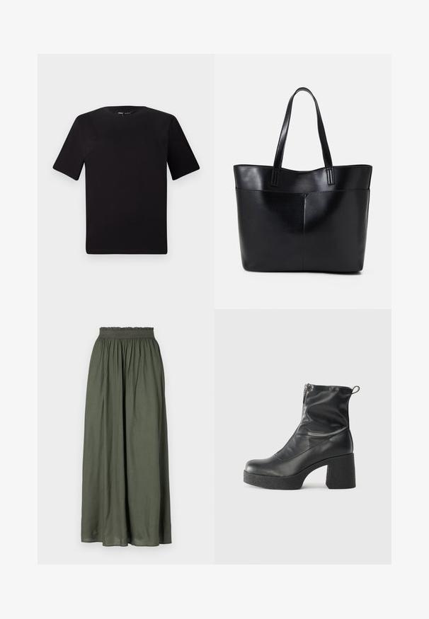 Melnas īsām piedurknēm T-krekls ar apaļu kakla izgriezumu, izgatavots no mīksta kokvilnas auduma. Vienkāršs dizains, bez redzamām logo vai rakstiem.; Tumši zaļa maksi svārki, izgatavoti no viegla auduma, ar savilkta elastīga jostasvieta un plūstošu dizainu ar krokām.; Melni potītes zābaki, kas izgatavoti no gludas ādas, ar sānu rāvējslēdzēju, masīvu strukturētu papēdi un noapaļotu purngalu.; Melnas ādas iepirkumu soma ar divām garām rokturām, gludu tekstūru un strukturētu formu. Iekļauj priekšējo kabatu papildu uzglabāšanai.