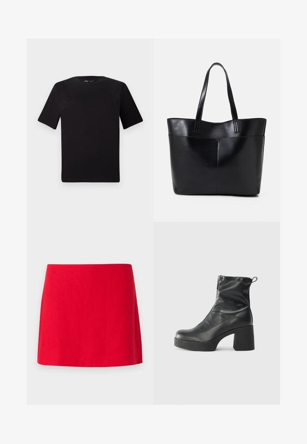 T-shirt nera a maniche corte con scollatura rotonda, realizzata in morbido cotone. Design semplice, senza loghi o motivi visibili.; Gonna mini in lino rosso con design semplice e dritto, caratterizzata da una texture liscia e senza motivi o accessori visibili.; Stivali neri alla caviglia in pelle liscia, con zip laterale, tacco spesso e texture, e punta arrotondata.; Borsa a tracolla in pelle nera con due manici lunghi, una texture liscia e una forma strutturata. Presenta una tasca frontale per ulteriore spazio di archiviazione.