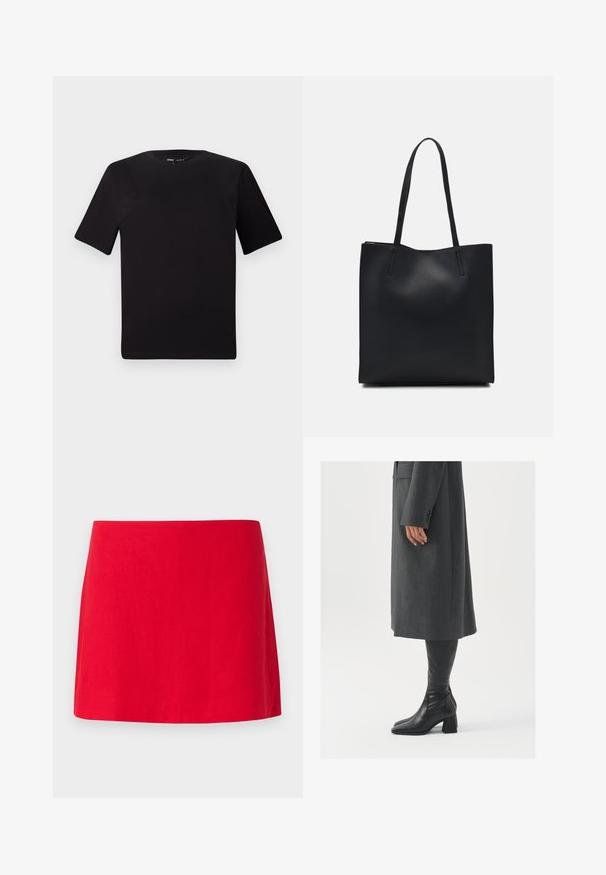 Camiseta negra de manga corta con cuello redondo, fabricada en suave algodón. Diseño simple, sin logos ni patrones visibles.; Falda mini de lino roja con un diseño simple y recto, que presenta una textura suave y sin patrones ni detalles visibles.; Abrigo gris, entallado y de corte recto; combinado con botas de cuero negras hasta la rodilla que tienen punta cuadrada y tacón grueso.; Bolso tote de cuero negro con textura lisa, forma rectangular y dos asas largas. Sin herrajes ni adornos visibles.