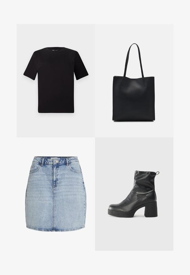 Tricou scurt negru cu mânecă scurtă și guler rotund, realizat dintr-un material de bumbac moale. Design simplu, fără logo-uri sau modele vizibile.; Fustă mini din denim albastru deschis, cu închidere frontală cu nasturi și fermoar, bucle pentru curea și buzunare frontale.; Bocanci negri de glezna din piele netedă, cu fermoar lateral, toc texturat și masiv, și design cu vârf rotund.; Geantă tote neagră din piele, cu textură netedă, formă rectangulară și două mânere lungi. Fără hardware vizibil sau ornamente.