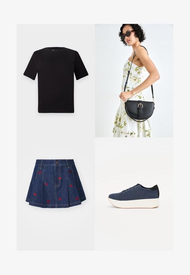 Čierne tričko s krátkym rukávom a okrúhlym výstrihom, vyrobené z mäkkej bavlny. Jednoduchý dizajn, bez viditeľných log alebo vzorov.; Džínová sukňa s plisovaním a tmavým odtieňom, s červenými vyšívanými motýľmi a klasickým dizajnom s piatimi vreckami a predným zapínaním na gombík.; Námornícky modré tenisky s textúrovaným textilným zvrškom, bielou platformovou podrážkou, zaoblenou špičkou a čiernym akcentom na päte. Obsahujú šesť otvorov na šnúrky.; Čierna kožená kabelka s zaobleným tvarom, odnímateľným popruhom a zlatými doplnkami. Kabelka má klopu s detailom s prackou.