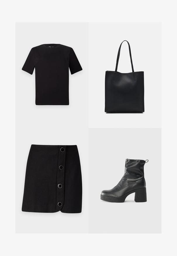 Camiseta negra de manga corta con cuello redondo, fabricada en suave algodón. Diseño simple, sin logos ni patrones visibles.; Minifalda negra con diseño de envoltura, que presenta cinco botones circulares plateados en la parte delantera y una textura lisa y mate.; Botines negros de tobillo, hechos de cuero suave, con cierre lateral, tacón grueso texturizado y diseño de punta redondeada.; Bolso tote de cuero negro con textura lisa, forma rectangular y dos asas largas. Sin herrajes ni adornos visibles.