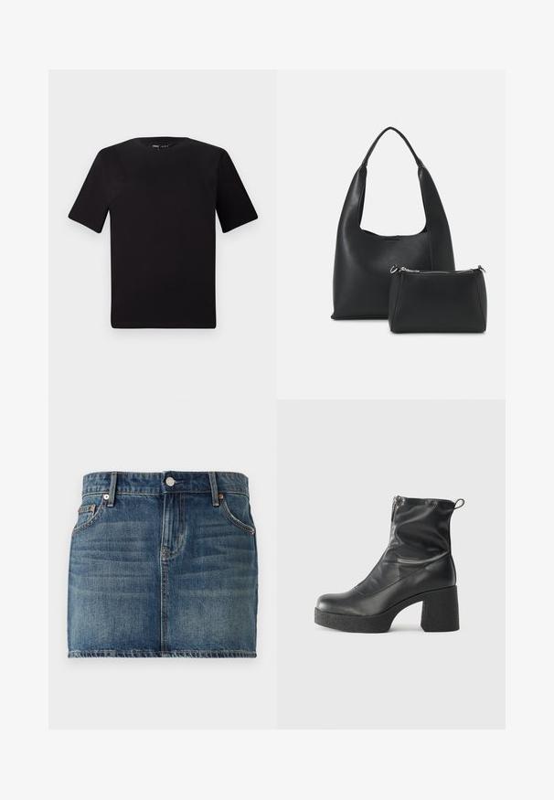 Melnas īsām piedurknēm T-krekls ar apaļu kakla izgriezumu, izgatavots no mīksta kokvilnas auduma. Vienkāršs dizains, bez redzamām logo vai rakstiem.; Tumši zila džinsu mini svārku ar piecu kabatu dizainu, pogu aizdari un redzamām šuvju akcentiem. Gluda tekstūra ar vieglu izbalēšanu.; Melni potītes zābaki, kas izgatavoti no gludas ādas, ar sānu rāvējslēdzēju, masīvu strukturētu papēdi un noapaļotu purngalu.; Even&Odd Rokassoma - black