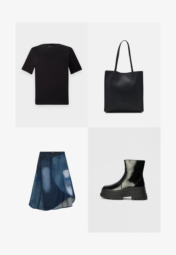 Schwarzes T-Shirt mit kurzen Ärmeln und Rundhalsausschnitt, aus weichem Baumwollmaterial gefertigt. Schlichtes Design, keine sichtbaren Logos oder Muster.; Denimrock mit einer Mischung aus blauen Waschungen, ausgestelltem Design, schrägem Saum, Knopfverschluss vorne und Utility-Taschen-Details.; Schwarze, glänzende Knöchelstiefel mit dickem Profilsohle und abgerundeter Zehenform, Seitenansicht vor einem schlichten, hellgrauen Hintergrund.; Schwarze Laptoptasche aus Leder mit glatter Textur, rechteckiger Form und zwei langen Griffen. Keine sichtbaren Beschläge oder Verzierungen.