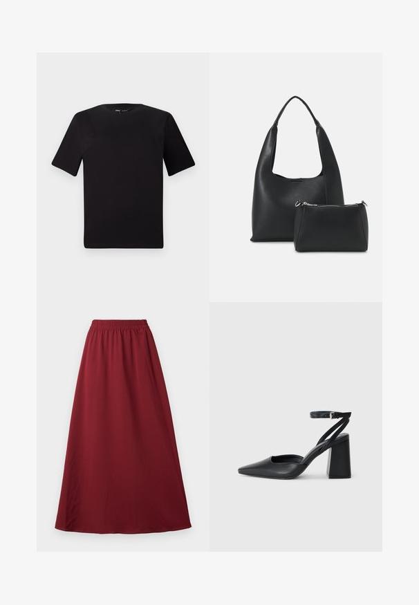 Camiseta negra de manga corta con cuello redondo, fabricada en suave algodón. Diseño simple, sin logos ni patrones visibles.; Falda maxi burdeos con cintura elástica, que presenta una tela suave y fluida y un diseño simple y sin adornos.; Zapato de tacón puntiagudo de cuero negro con tira en el tobillo y tacón ancho. Textura plana, diseño elegante y estética minimalista.; Even&Odd SET - Bolso de mano - black