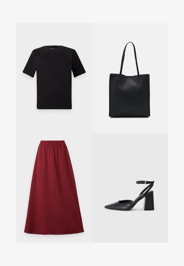 T-shirt noir à manches courtes avec un col rond, fabriqué en coton doux. Design simple, sans logos ni motifs visibles.; Jupe maxi bourgogne avec une taille élastiquée, dotée d'un tissu lisse et fluide et d'un design simple et sans ornements.; Escarpin noir en cuir à bout pointu avec une bride de cheville et un talon épais. Texture lisse, design élégant et esthétique minimaliste.; Sac fourre-tout en cuir noir avec une texture lisse, de forme rectangulaire et deux longues poignées. Pas de matériel ou d'ornementations visibles.