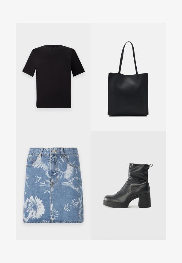 Črna majica s kratkimi rokavi in okroglim izrezom, izdelana iz mehkega bombažnega materiala. Preprost dizajn, brez vidnih logotipov ali vzorcev.; Jeans krilo z svetlo modrim pranjem, ki ima bele cvetlične vzorce, pet žepov, sprednje zapiranje na gumb in raztrgano spodnjo obrobje.; Črne gležnjarje iz gladke kože z božnim zadrgo, masivnim teksturiranim peto in zaobljeno obliko prstov.; Črna usnjena torba s svilnato teksturo, pravokotne oblike in dvema dolgima ročajema. Brez vidnih metalnih delov ali okrasnih elementov.