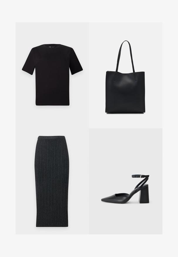Must olema lühikeste varrukatega must t-särk ümmarguse kaelusega, valmistatud pehmest puuvillast kangast. Lihtne disain, ilma nähtavate logode või mustriteta.; Tumehall ribakudumine midi seelik, mis annab vormi sobiva silueti ja elastse vöökoha. Omab vertikaalset ribakudumist, mis lisab tekstuuri.; Mustmustest must-käigukingad, millel on konksuga nöör ja paks konts. Ühtlane tekstuur, stiilne disain ja minimalistlik esteetika.; Mustast nahast kott sujuva tekstuuriga, ristkülikukujuline ja kahe pika sangaga. Pole nähtavat riistvara ega kaunistusi.