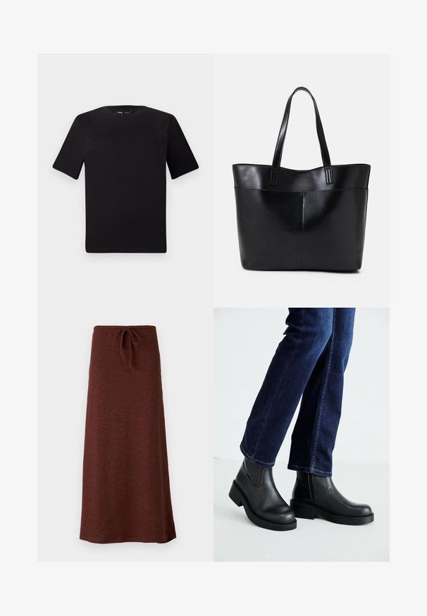 T-shirt preta de mangas curtas com decote redondo, feita de tecido de algodão suave. Design simples, sem logótipos ou padrões visíveis.; Saia longa, castanha, de malha com cintura ajustável. Textura suave, design ligeiramente evasé, e cor sólida sem padrões ou acentos.; Botas de tornozelo de couro preto com sola grossa e painéis elásticos laterais, combinadas com jeans azul escuro. O chão é de cor clara.; Bolsa tote preta em couro com duas alças longas, textura suave e forma estruturada. Apresenta um bolso frontal para armazenamento adicional.