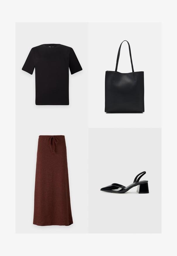 T-shirt preta de mangas curtas com decote redondo, feita de tecido de algodão suave. Design simples, sem logótipos ou padrões visíveis.; Saia longa, castanha, de malha com cintura ajustável. Textura suave, design ligeiramente evasé, e cor sólida sem padrões ou acentos.; Sandy em verniz preto com salto slingback, ponta afilada e salto geométrico. Apresenta um design elegante e minimalista com textura suave.; Bolsa tote preta em couro com textura lisa, forma retangular e duas alças longas. Sem hardware ou enfeites visíveis.