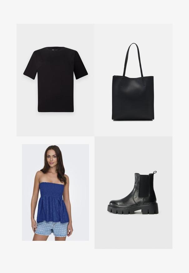 Svart t-skjorte med korte ermer og rund hals, laget av mykt bomullsstoff. Enkelt design, ingen synlige logoer eller mønstre.; Blå strapless topp laget av blonder med samlet midje, med et teksturert blomstermønster. Kombinert med slitte denimshorts.; Sorte lær ankelsko med elastiske sidepaneler, tykk såle med spor og pull-tab på lys grå bakgrunn, sidevisning.; Svart lær tote bag med glatt tekstur, rektangulær form og to lange håndtak. Ingen synlige deler eller dekorasjoner.