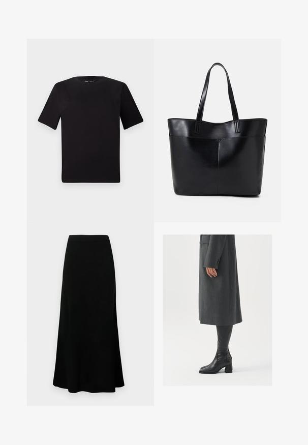 Fekete, rövid ujjú póló, kerek nyakkal, puha pamutból készült. Egyszerű dizájn, nincs látható logó vagy minta.; Fekete midi szoknya, passzos derékrésszel, bővülő szegéllyel, sima textúrával, látható minták vagy díszek nélkül.; Szürke, szabott overál, egyenes vonallal; térd fölé érő fekete bőrcsizmákkal párosítva, négyzetes orral és vastag sarokkal.; Fekete bőr bevásárlótáska két hosszú fogantyúval, sima felülettel és strukturált formával. Elülső zseb található rajta a plusz tárolás érdekében.