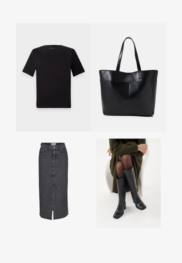 Svart t-skjorte med korte ermer og rund hals, laget av mykt bomullsstoff. Enkelt design, ingen synlige logoer eller mønstre.; Svart denimskjørt med høy midje, frontslitt og fem lommer. Har synlig søm og knappelukking.; Knæhøye sorte lærstøvler med firkantet tå og blokkhelt, vist med en modell som sitter iført en olivengrønn kåpe. Glatt tekstur, minimal detaljering.; Svart lær toteveske med to lange håndtak, en glatt tekstur og en strukturert form. Har en frontlomme for ekstra oppbevaring.