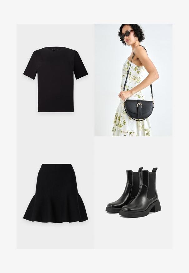 Must olema lühikeste varrukatega must t-särk ümmarguse kaelusega, valmistatud pehmest puuvillast kangast. Lihtne disain, ilma nähtavate logode või mustriteta.; Must mustriga seelik pehmest kangast. Omab keha lähedast vööd ja lainelist serva, luues kihilise välimuse.; Must musta Chelsea saapad, millel on paks konts, elastsed külgpaneelid ja kontrastne valge õmblus. Tekstuuriga viimistlus.; Mustmust mustraha kõverate joontega, eemaldatava rihmaga ja kuldsete detailidega. Kotil on klapp, millel on pandladetail.