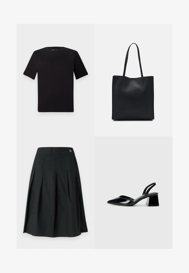 Črna majica s kratkimi rokavi in okroglim izrezom, izdelana iz mehkega bombažnega materiala. Preprost dizajn, brez vidnih logotipov ali vzorcev.; Črna plisirana krila iz lahkega materiala, z gumbom za zapiranje, gladko teksturo in A-linijo.; Črne lakirane slingback pete s koničastim nosom in geometrijsko blokasto peto. Imajo eleganten, minimalističen dizajn in gladko teksturo.; Črna usnjena torba s svilnato teksturo, pravokotne oblike in dvema dolgima ročajema. Brez vidnih metalnih delov ali okrasnih elementov.