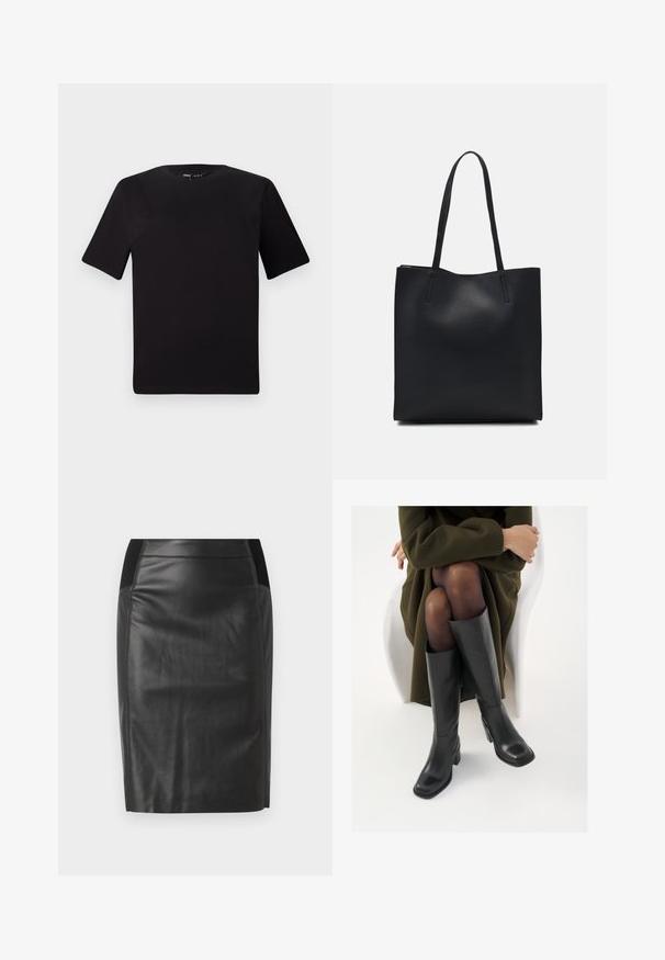 Fekete, rövid ujjú póló, kerek nyakkal, puha pamutból készült. Egyszerű dizájn, nincs látható logó vagy minta.; Fekete bőr ceruzaszoknya, amely szoros szabású, sima textúrájú, és mindkét oldalon elasztikus derékpánttal rendelkezik. A végén lapos hem.; Térdfelett érő fekete bőr csizmák négyzet alakú orral és tömbtalppal, olajzöld kabátban ülő modellel bemutatva. Simaság, minimalista részletezés.; Fekete bőrtáska sima felszínnel, téglalap alakú, két hosszú füllel. Nincs látható fémkiegészítő vagy díszítés.