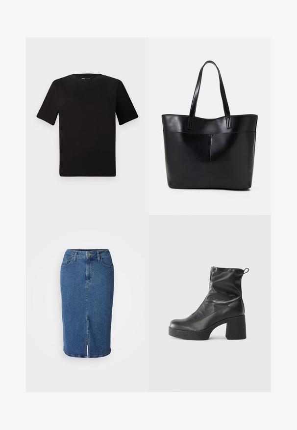 Črna majica s kratkimi rokavi in okroglim izrezom, izdelana iz mehkega bombažnega materiala. Preprost dizajn, brez vidnih logotipov ali vzorcev.; Jeans krilo v srednji modri barvi, do kolen, prilegajoča zasnova z razporkom spredaj. Ima pet žepov in gumbasto zapiranje z zankami za pas.; Črne gležnjarje iz gladke kože z božnim zadrgo, masivnim teksturiranim peto in zaobljeno obliko prstov.; Črna usnjena torba z dvema dolgima ročajema, gladko teksturo in strukturirano obliko. Ima sprednji žep za dodatno shranjevanje.