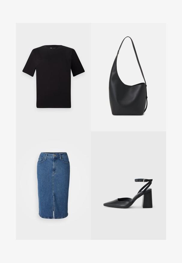Fekete, rövid ujjú póló, kerek nyakkal, puha pamutból készült. Egyszerű dizájn, nincs látható logó vagy minta.; Középkék farmer szoknya, térd hosszúságú, testhez álló fazonnal, elöl hasítékkal. Öt zsebbel és gombos záródással rendelkezik, övhurkokkal.; Fekete bőr, hegyes orrú magassarkú cipő boka pánttal és vastag sarokkal. Sima textúra, elegáns dizájn és minimális esztétika.; Fekete bőr hobo táska sima textúrával, ívelt formával és egyetlen állítható pánttal; széles nyílás található a tetején.