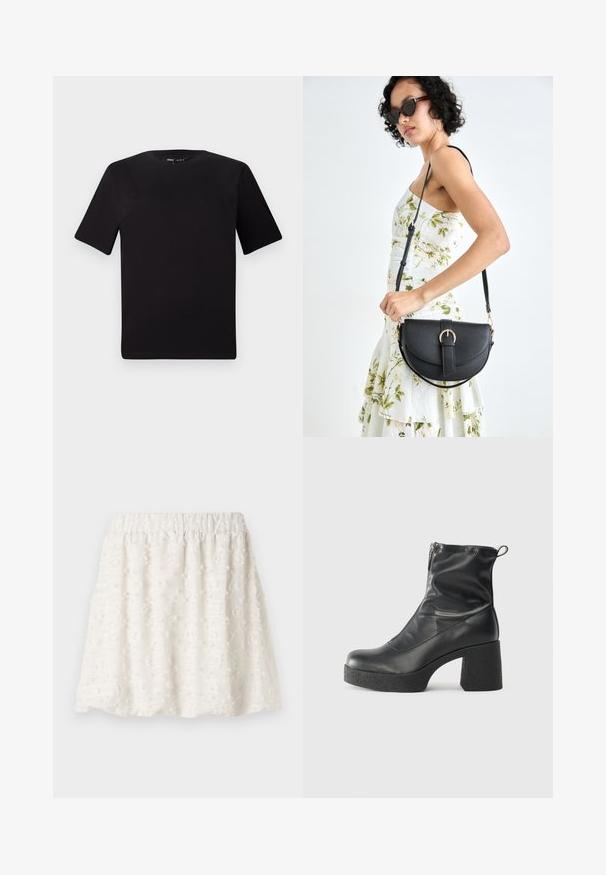Black short-sleeve t-shirt with a round neckline, crafted from soft cotton fabric. Simple design, no visible logos or patterns.; White textured skirt with an elastic waistband, featuring raised floral patterns and a soft, lightweight fabric.; Black ankle boots made of smooth leather, featuring a side zipper, chunky textured heel, and rounded toe design.; Black leather handbag with a curved shape, detachable strap, and gold hardware. The bag features a flap with a buckle detail.